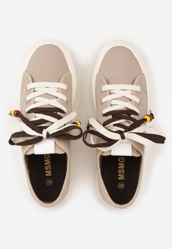 Born2be - Beżowe Trampki Pod Kostkę na Grubej Podeszwie z Podwójnym Sznurowaniem Callixera. Nosek buta: okrągły. Zapięcie: sznurówki. Kolor: beżowy. Materiał: materiał. Obcas: na obcasie. Styl: klasyczny. Wysokość obcasa: niski