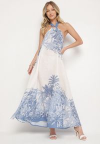 Born2be - Niebieska Sukienka z Wiskozą i Motywem Palm z Wiązaniem Izomara. Okazja: na co dzień, na spacer. Kolor: niebieski. Materiał: wiskoza. Sezon: lato. Styl: elegancki, casual
