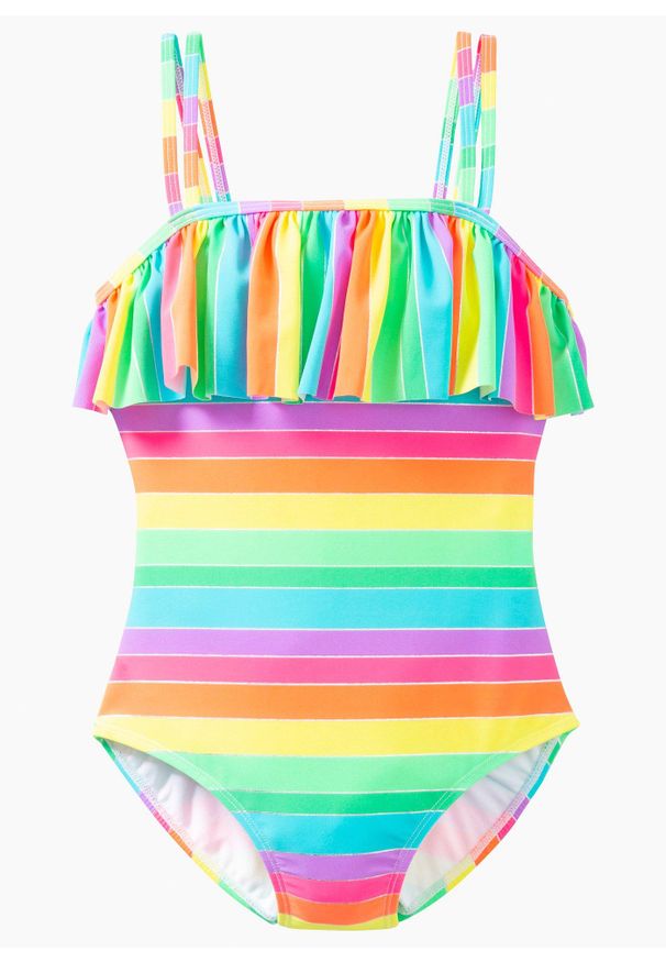 bonprix - Kostium kąpielowy. Kolor: różowy. Wzór: aplikacja, kolorowy, paski