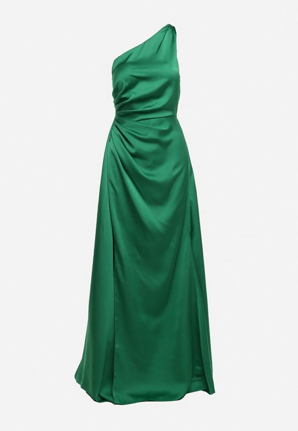 Born2be - Zielona Asymetryczna Sukienka na Jedno Ramię z Kopertowym Dołem Emmellis. Kolor: zielony. Typ sukienki: kopertowe, asymetryczne