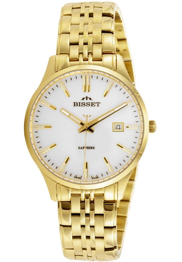 Szwajcarski zegarek męski Bisset BSDF38 szafirowe szkło - złoty. Kolor: złoty, niebieski, wielokolorowy