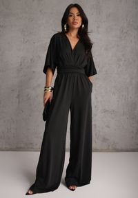 Renee - Czarny Nietoperzowy Kombinezon Koktajlowy z Wiskozą Zdobiony Drapowaniem Avadina. Kolor: czarny. Materiał: wiskoza. Wzór: aplikacja. Styl: wizytowy #6