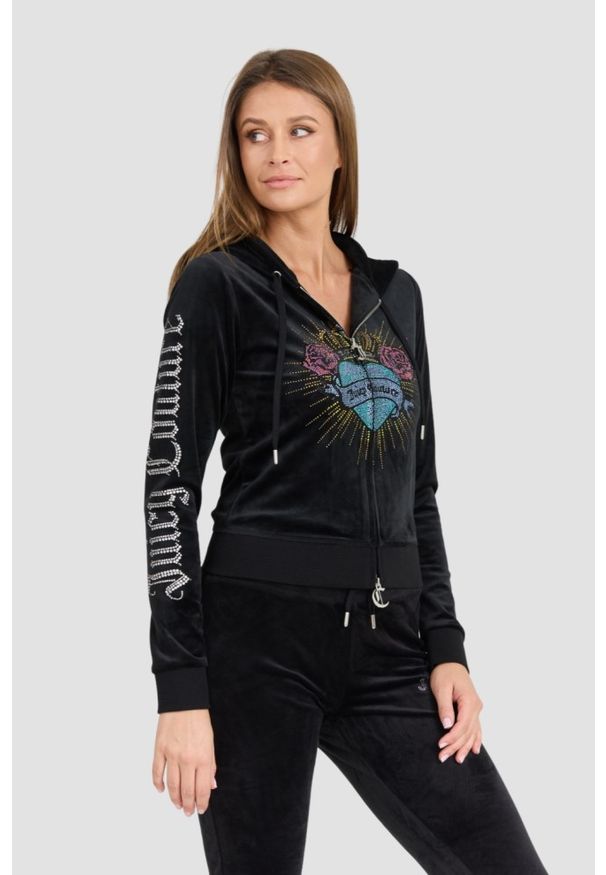 Juicy Couture - JUICY COUTURE Czarna damska bluza Sacred Heart Robertson Hoodie. Kolor: czarny. Materiał: poliester, materiał, elastan. Długość rękawa: długi rękaw. Długość: długie. Styl: elegancki