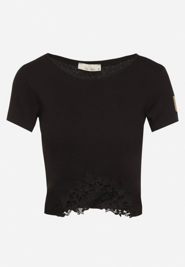 Born2be - Czarny Prążkowany T-shirt Zdobiony Koronką Lizeira. Okazja: na co dzień. Kolor: czarny. Materiał: koronka, prążkowany. Wzór: aplikacja, koronka. Styl: casual