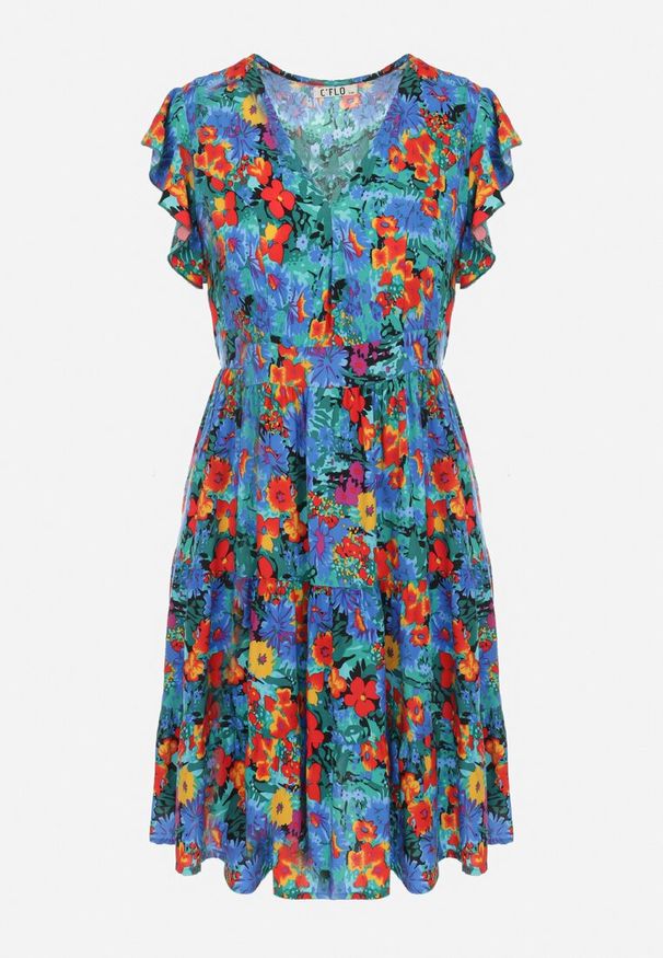 Born2be - Niebieska Rozkloszowana Sukienka z Wiskozy z Falbanką Nespena. Okazja: na co dzień. Typ kołnierza: dekolt w kształcie V. Kolor: niebieski. Wzór: kwiaty. Typ sukienki: rozkloszowane, proste. Materiał: wiskoza. Długość rękawa: krótki rękaw. Sezon: lato. Styl: casual, elegancki