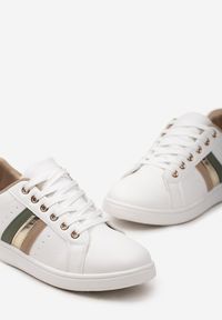 Born2be - Biało-Zielone Sneakersy Sznurowane z Metalicznymi Wstawkami Vunna. Kolor: biały. Materiał: jeans. Obcas: na obcasie. Wysokość obcasa: niski #5