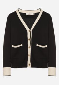Born2be - Czarny Kardigan z Wiskozą z Ozdobną Lamówką i Guzikami Halirena. Okazja: na co dzień. Kolor: czarny. Materiał: wiskoza. Styl: klasyczny, elegancki, casual