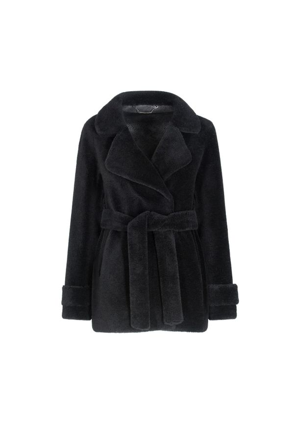 Ochnik - Wełniane futerko damskie z paskiem. Typ kołnierza: kołnierz rewers. Kolor: czarny. Materiał: wełna. Długość: długie. Sezon: jesień, zima. Styl: sportowy, elegancki