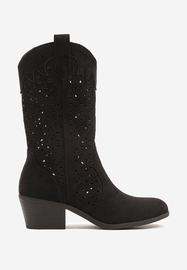 Born2be - Czarne Ażurowe Botki na Obcasie w Stylu Kowbojek Lissemi. Okazja: na co dzień. Kolor: czarny. Materiał: skóra, jeans. Wzór: ażurowy. Sezon: jesień, wiosna. Obcas: na obcasie. Styl: casual, elegancki. Wysokość obcasa: średni