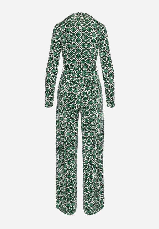 Born2be - Zielony Wzorzysty Kombinezon z Długim Rękawem i Szerokimi Spodniami z Wiązaniem w Pasie Vilati. Kolor: zielony. Długość rękawa: długi rękaw. Długość: długie. Wzór: geometria. Styl: elegancki