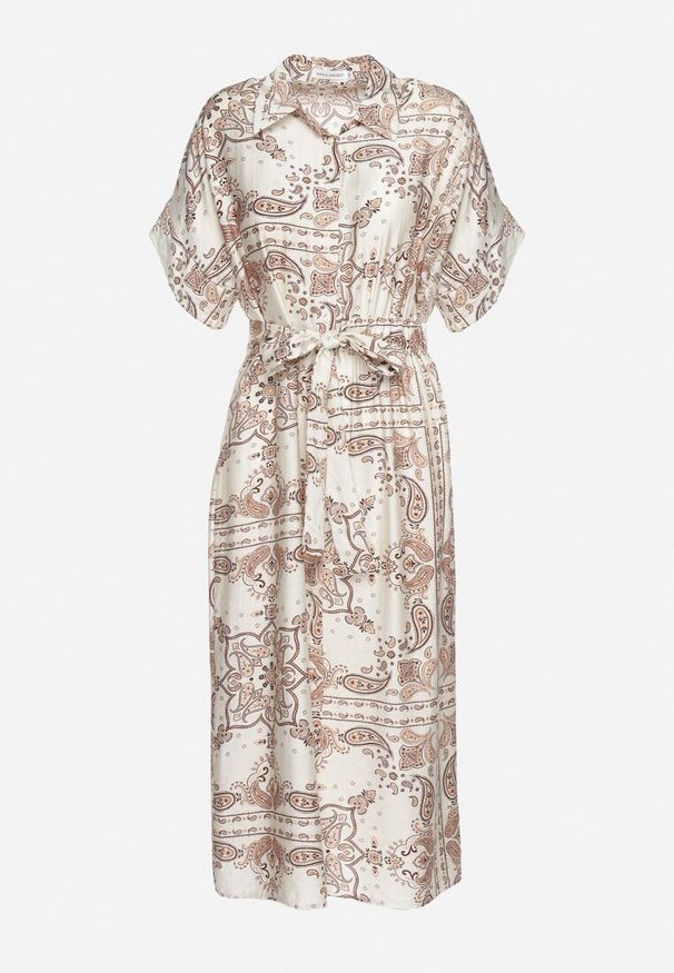 Born2be - Jasnobeżowa Sukienka Wiskozowa o Koszulowym Kroju z Gumką w Talii i Materiałowym Paskiem Brelefia. Typ kołnierza: dekolt w kształcie V. Kolor: beżowy. Materiał: wiskoza, materiał. Długość rękawa: krótki rękaw. Typ sukienki: koszulowe. Styl: elegancki