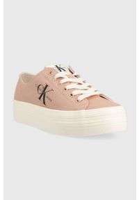 Calvin Klein Jeans tenisówki VULC FLATFORM ESSENTIAL MONO damskie kolor beżowy YW0YW01030. Nosek buta: okrągły. Zapięcie: sznurówki. Kolor: beżowy. Materiał: materiał. Obcas: na platformie #5