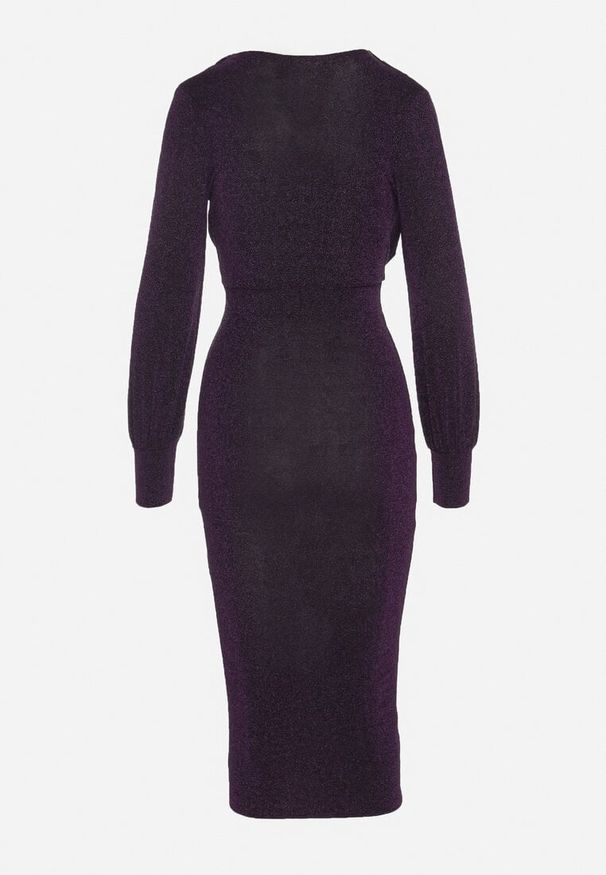 Born2be - Fioletowa Dopasowana Sukienka z Kopertowym Dekoltem i Bufiastymi Rękawami Ulonissa. Okazja: na imprezę. Typ kołnierza: dekolt w kształcie V. Kolor: fioletowy. Typ sukienki: kopertowe. Styl: klasyczny