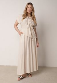 Born2be - Beżowy Komplet Boho z Lnem i Wiskozą Spódnica i Nietoperzowa Bluzka Fysernara. Kolor: beżowy. Materiał: wiskoza, len #1