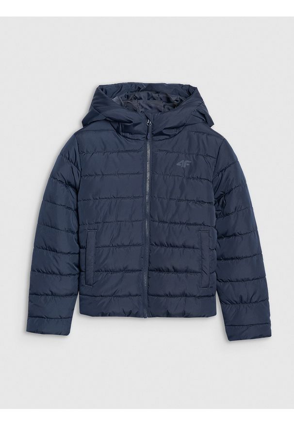 4f - 4F Kurtka puchowa z wypełnieniem syntetycznym dziecięca - granatowa 164 (13-14 lat). Okazja: na co dzień, na uczelnię, na spacer. Kolor: niebieski. Materiał: syntetyk, puch. Sezon: lato. Styl: casual, klasyczny