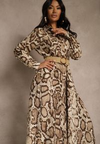 Renee - Brązowa Koszulowa Sukienka Snake Print z Wiskozą i Paskiem Bririn. Okazja: na co dzień. Kolor: brązowy. Materiał: wiskoza. Wzór: nadruk. Typ sukienki: koszulowe. Styl: casual #5
