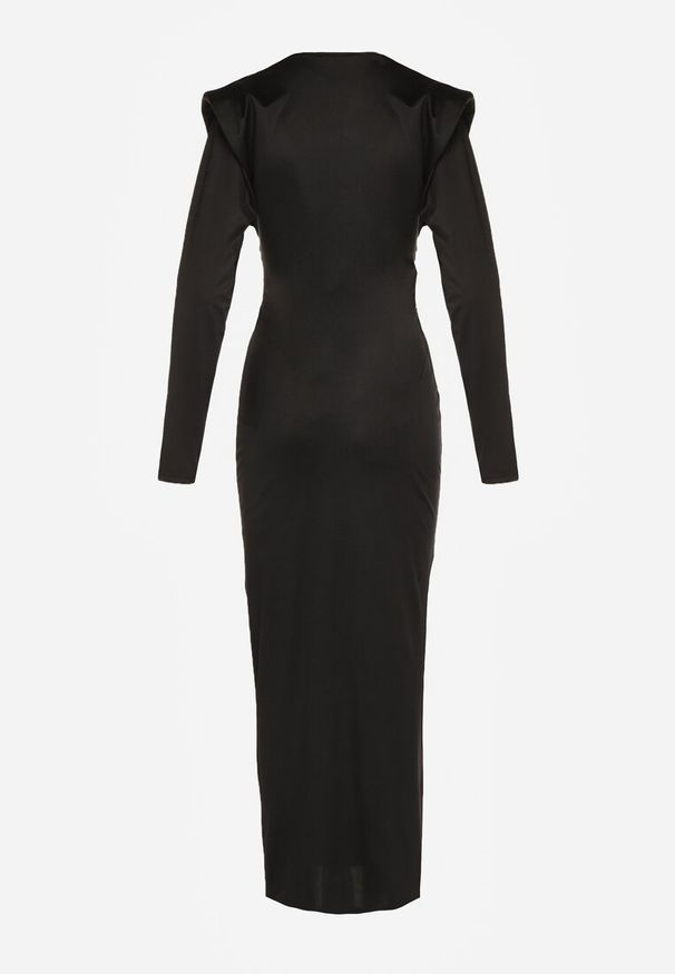 Renee - Czarna Koktajlowa Sukienka z Rozcięciem na Nogę Zdobiona Trenem Atirga. Okazja: na studniówkę, na imprezę. Typ kołnierza: dekolt w serek. Kolor: czarny. Wzór: aplikacja. Styl: wizytowy