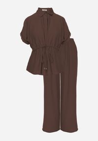 Renee - Brązowy Komplet z Wiskozy Spodnie Wide Leg i Bluzka ze Ściągaczem w Talii Daemnell. Kolor: brązowy. Materiał: wiskoza #8