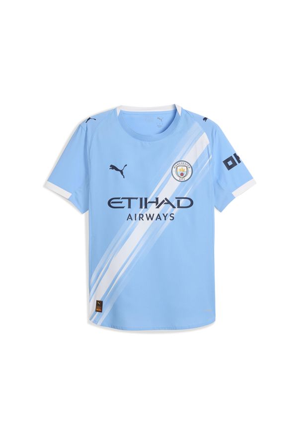 Puma - Męska autentyczna koszulka domowa Manchester City 25/26 PUMA. Kolor: niebieski, biały, wielokolorowy. Wzór: aplikacja, paski. Sport: bieganie