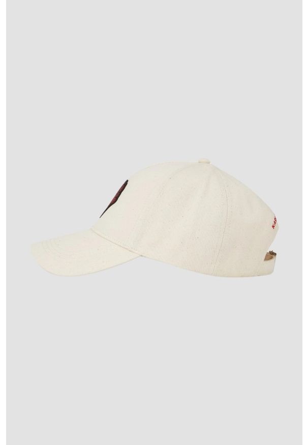 Karl Lagerfeld - KARL LAGERFELD Beżowa damska czapka z daszkiem z sercem. Kolor: beżowy. Materiał: bawełna. Wzór: aplikacja. Styl: klasyczny, elegancki, casual
