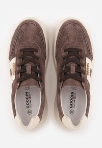 Born2be - Brązowe Skórzane Sneakersy na Grubej Podeszwie Zdobione Drobną Perforacją Serinatea. Okazja: na co dzień. Kolor: brązowy. Materiał: skóra. Wzór: aplikacja #5