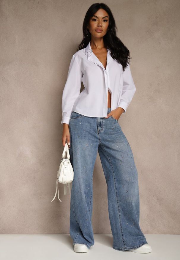 Renee - Niebieskie Jeansy Wide Leg High Waist z Błyszczącymi Zdobieniami Lilyss. Okazja: na co dzień, na imprezę. Stan: podwyższony. Kolor: niebieski. Wzór: aplikacja. Styl: casual, klasyczny, rockowy