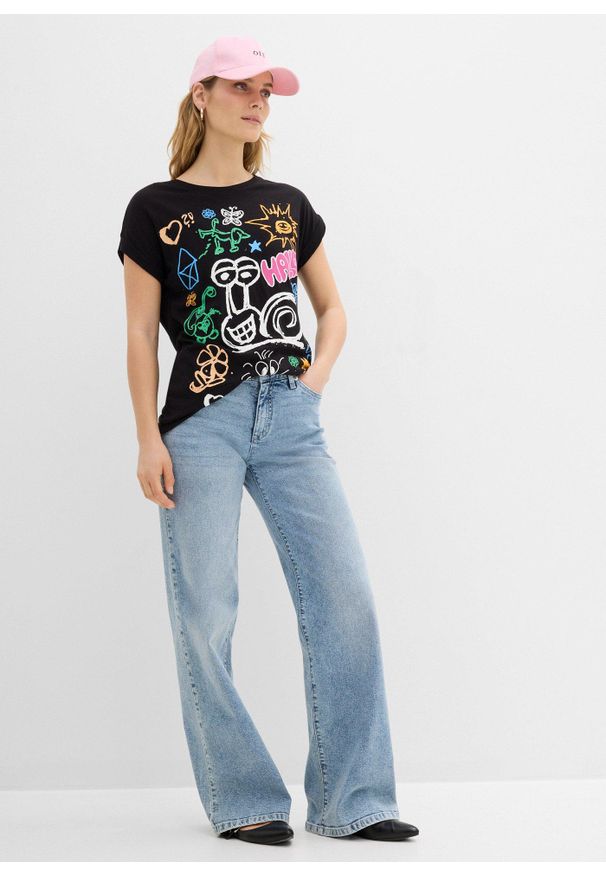 bonprix - T-shirt z nadrukiem. Kolor: czarny. Wzór: nadruk