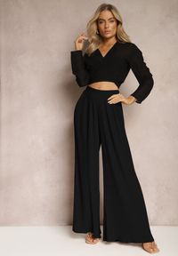 Renee - Czarne Szerokie Spodnie z Plisami High Waist Mirealli. Stan: podwyższony. Kolor: czarny #3