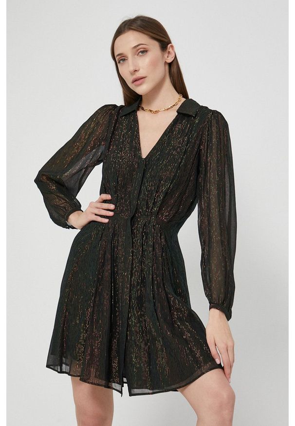 The Kooples - Sukienka jedwabna. Kolor: czarny. Materiał: jedwab. Długość rękawa: długi rękaw. Typ sukienki: rozkloszowane