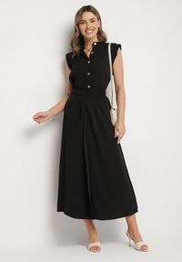 Born2be - Czarna Sukienka Koszulowa o Rozkloszowanym Kroju z Wiązaniem w Pasie Mavirielle. Okazja: na co dzień. Typ kołnierza: dekolt w serek. Kolor: czarny. Materiał: skóra. Długość rękawa: długi rękaw. Typ sukienki: koszulowe. Styl: casual, elegancki #4