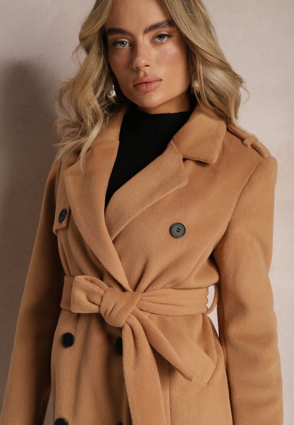 Renee - Brązowy Dwurzędowy Płaszcz z Wiskozy z Paskiem w Talii Beluna. Okazja: na co dzień. Kolor: brązowy. Materiał: wiskoza. Styl: casual