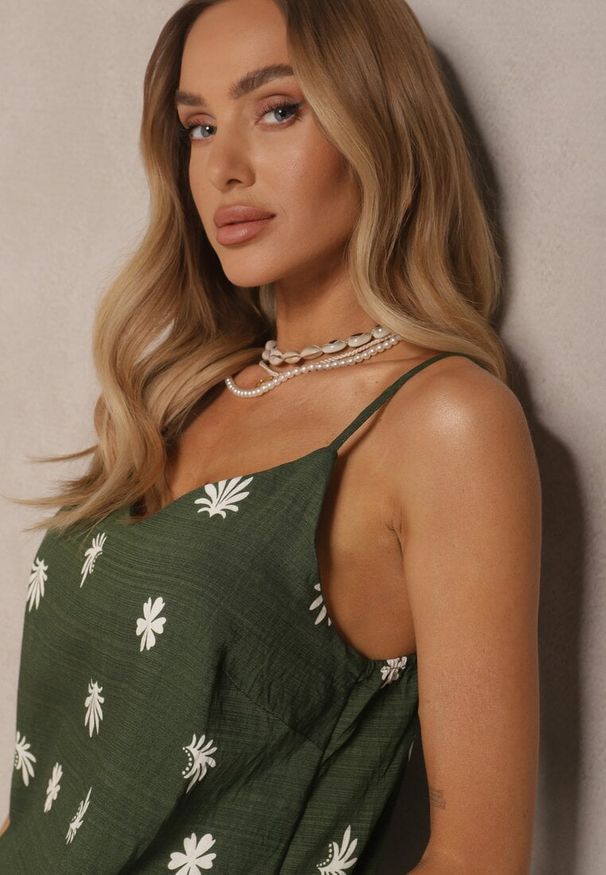 Renee - Ciemnozielony Kwiatowy Komplet z Wiskozy Spodnie i Koszulka na Ramiączkach Beldisa. Kolor: zielony. Materiał: wiskoza. Wzór: kwiaty