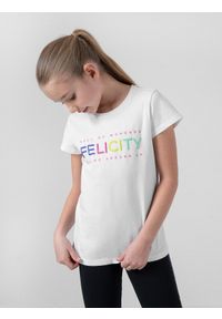 4f - T-shirt z nadrukiem dziewczęcy. Kolor: biały. Materiał: dzianina, bawełna. Wzór: nadruk