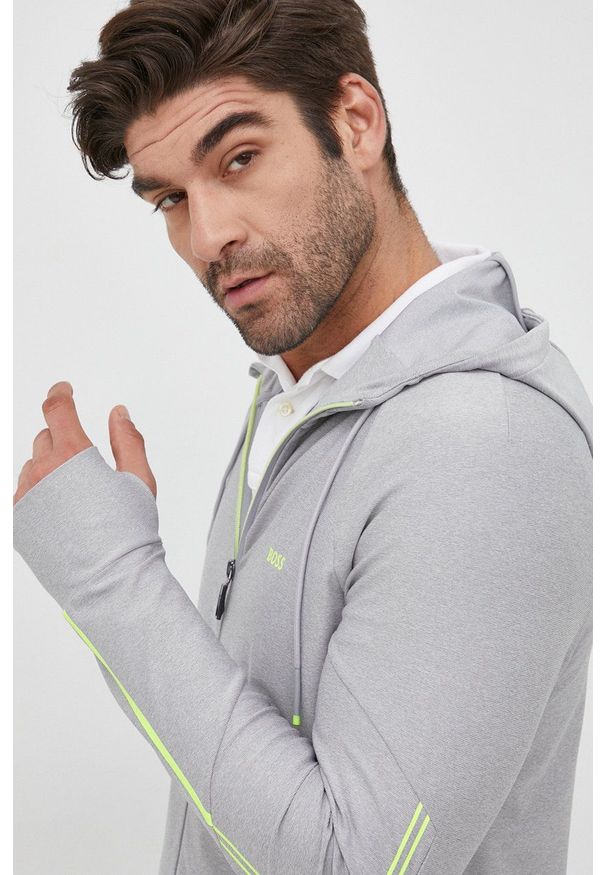 BOSS bluza BOSS ATHLEISURE męska kolor szary z kapturem gładka. Okazja: na co dzień. Typ kołnierza: kaptur. Kolor: szary. Materiał: materiał. Długość rękawa: raglanowy rękaw. Wzór: gładki. Styl: casual