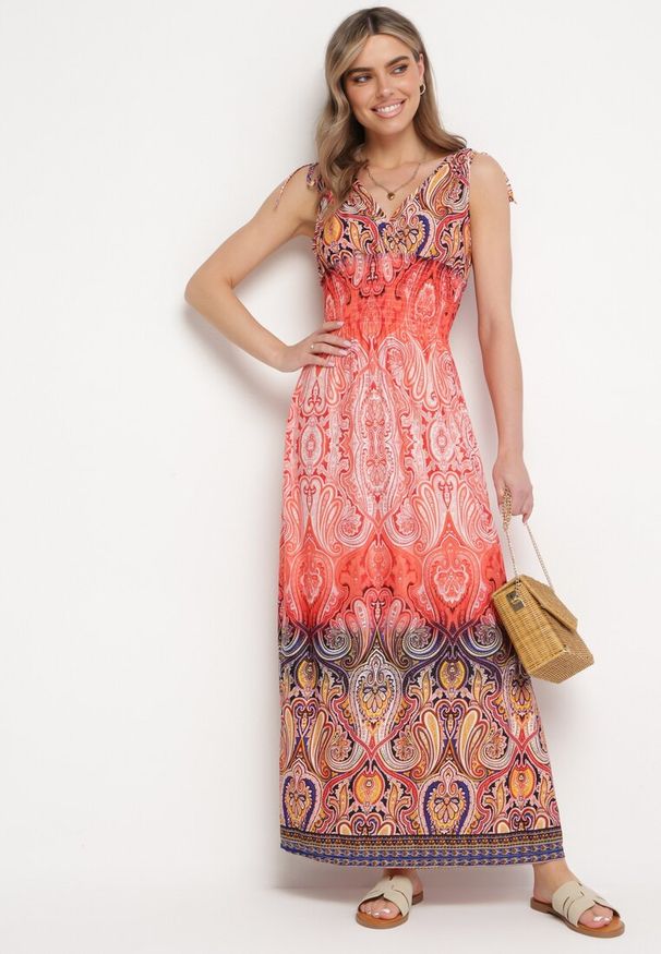 Born2be - Pomarańczowa Sukienka Boho na Lato ze Sznurkami na Ramionach i Gumką w Talii Aharleta. Kolor: pomarańczowy. Sezon: lato. Styl: boho