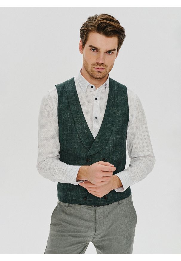 Pako Lorente - PAKO LORENTE – Zielona dwurzędowa kamizelka męska. Kolor: zielony. Wzór: melanż