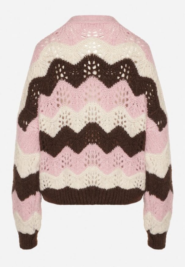 Born2be - Różowy Kardigan w Ażurowy Wzór z Dodatkiem Wełny i Wiskozy Esilla. Okazja: na co dzień. Typ kołnierza: dekolt w kształcie V. Kolor: różowy. Materiał: wełna, wiskoza. Długość: długie. Wzór: ażurowy. Styl: klasyczny, casual, elegancki