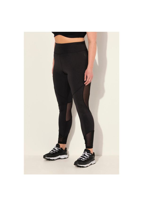 ULLA POPKEN - Damskie Legginsy sportowe wstawka z siateczki kieszeń z recyklingu. Kolekcja: plus size. Kolor: czarny. Materiał: poliester, materiał
