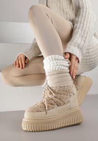 Born2be - Ciemnobeżowe Pikowane Śniegowce na Grubej Tłoczonej Podeszwie z Futerkiem Adarlia. Okazja: na co dzień. Kolor: beżowy. Materiał: futro. Styl: casual #3