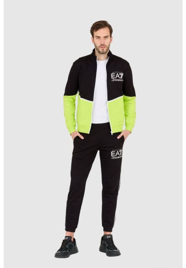 EA7 Emporio Armani - EA7 Czarno-zielony męski dres, Rozmiar S. Kolor: czarny. Materiał: dresówka