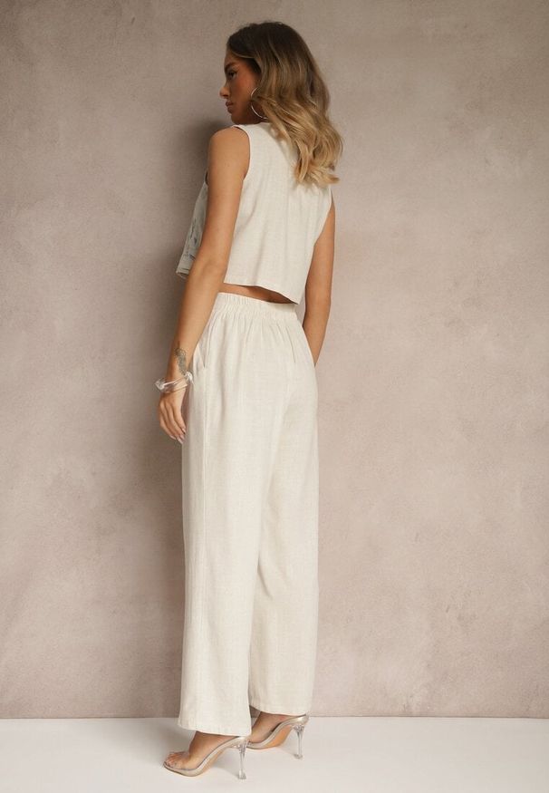 Renee - Beżowy Wiskozowy Komplet z Lnem Szerokie Spodnie i Wiązana Kamizelka Raliwena. Kolor: beżowy. Materiał: wiskoza, len. Wzór: aplikacja