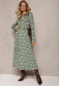 Renee - Zielona Koszulowa Sukienka Maxi w Geometryczny Wzór Suvve. Kolor: zielony. Materiał: materiał, tkanina. Wzór: geometria. Typ sukienki: koszulowe. Długość: maxi #3