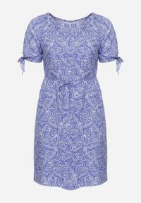 Born2be - Granatowa Sukienka Bawełniana z Hiszpańskim Dekoltem Ozdobiona Wzorem Paisley Zariatia. Kolor: niebieski. Materiał: bawełna. Wzór: paisley, aplikacja. Sezon: lato #3