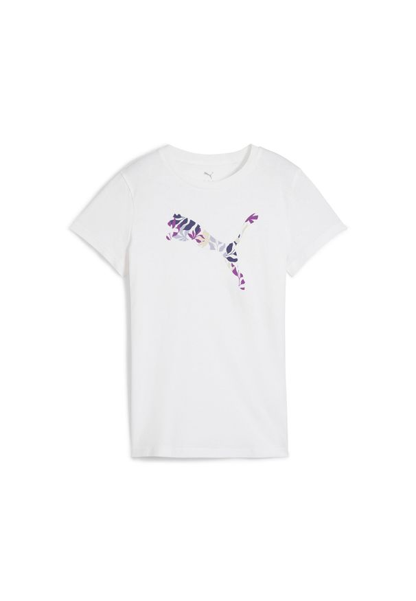 Puma - Damska koszulka z logo GRAPHICS Floral Cat PUMA White. Kolor: biały. Materiał: guma. Wzór: kwiaty, nadruk. Sport: fitness