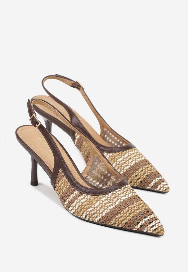 Renee - Brązowe Sandały z Plecionym Motywem Tibindel. Okazja: na imprezę. Zapięcie: sprzączka. Kolor: brązowy. Obcas: na obcasie. Styl: elegancki. Wysokość obcasa: średni