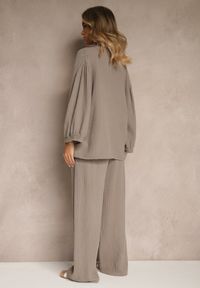 Renee - Ciemnobeżowy Bawełniany Komplet Muślinowy Oversize z Koszulą i Szerokimi Spodniami Ziorina. Kolor: beżowy. Materiał: bawełna. Wzór: aplikacja