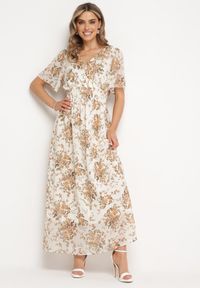 Born2be - Beżowa Rozkloszowana Sukienka z Krótkim Rękawem i Gumką w Pasie Wiązana na Plecach Jolla. Kolor: beżowy. Długość rękawa: krótki rękaw. Styl: klasyczny #4