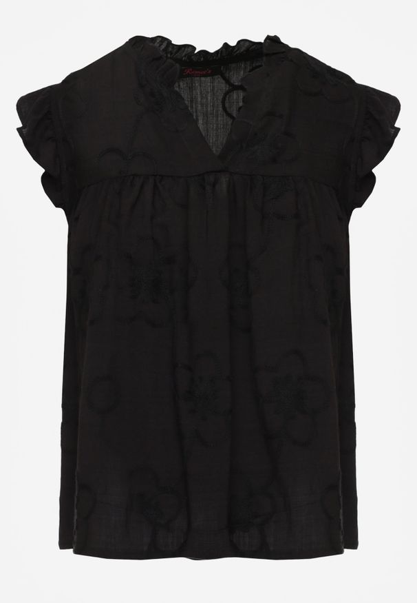 Renee - Czarna Haftowana Bluzka z Bawełny Zdobiona Falbankami Bolidia. Typ kołnierza: kołnierz z falbankami. Kolor: czarny. Materiał: bawełna. Wzór: aplikacja, haft. Styl: boho