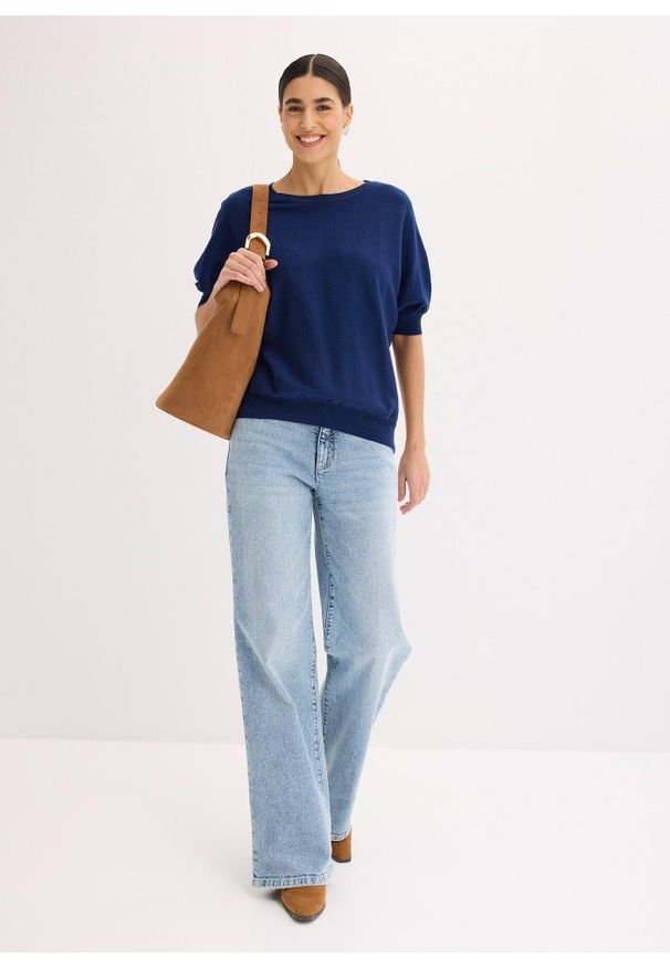 bonprix - Sweter z cienkiej dzianiny z mieszanki bawełny. Kolor: niebieski. Materiał: bawełna, dzianina. Długość rękawa: krótki rękaw. Długość: krótkie. Wzór: ze splotem, gładki