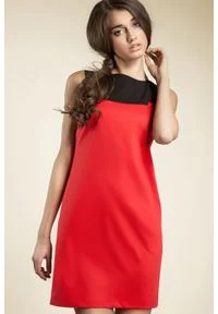 Nife - Czerwona Kobieca Dwubarwna Prosta Sukienka. Kolor: czerwony. Materiał: elastan, poliester, wiskoza. Typ sukienki: proste #1